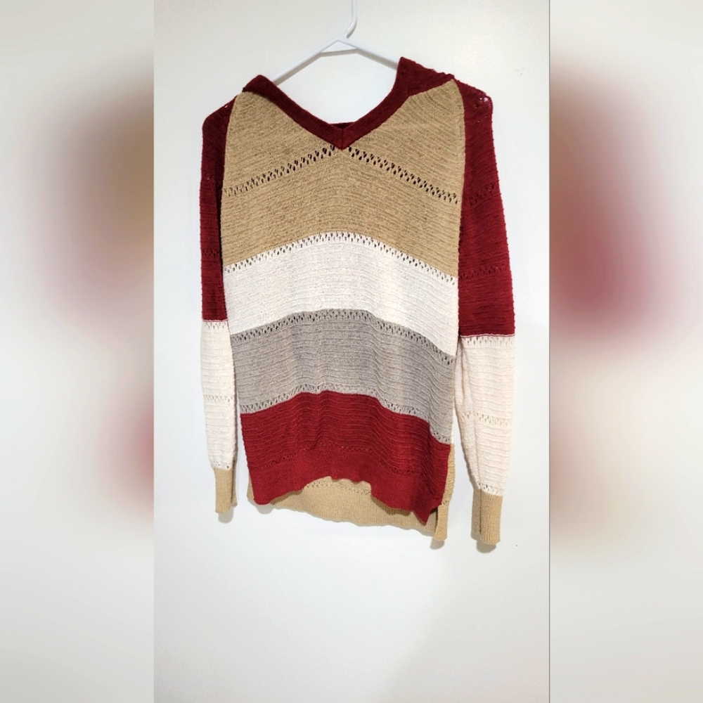 Unbranded striped hoodie burgundy, grey, tan, and white size L